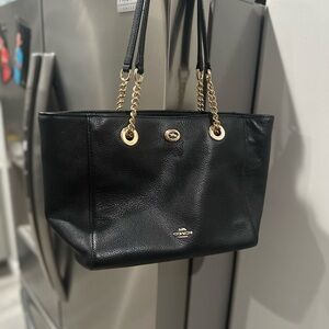 Coach Black Leather Tote with Gold Accents